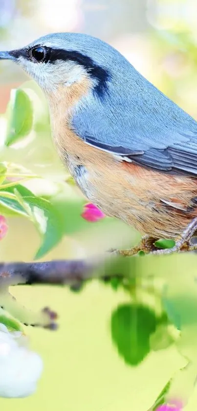 A vibrant bird perched among spring flowers with light green and blue hues.