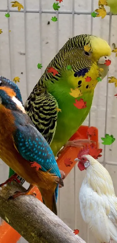 Three colorful birds perched on a branch with a neutral cage background.