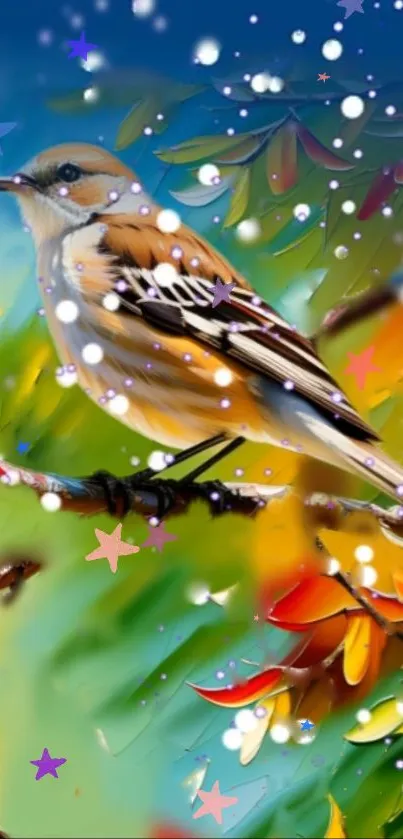 Colorful bird perched on leafy branches with sparkling decorations.