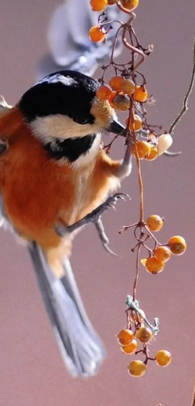 Vibrant bird perched on a branch with orange berries.