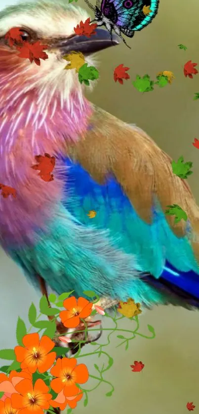 Vibrant bird perched with colorful leaves and butterflies, adorned with flowers.