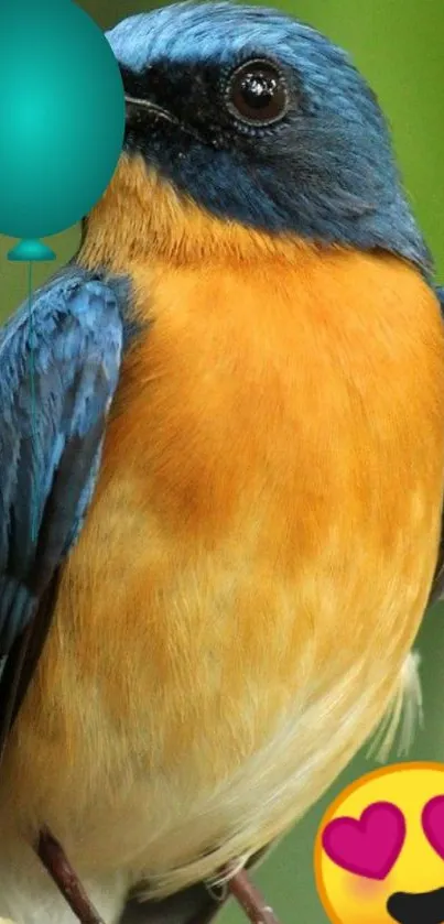 Colorful bird with teal balloon and heart-eye emoji.