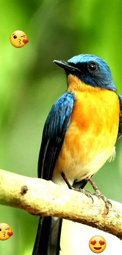 Colorful blue and orange bird with emojis on branch.