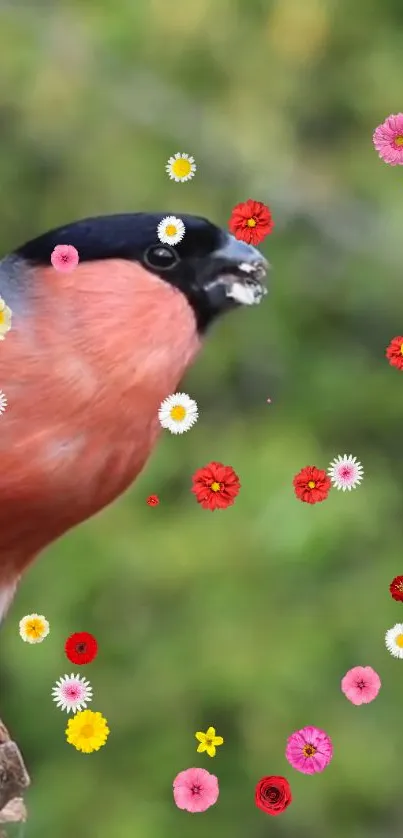 Colorful bird on branch with scattered flowers.