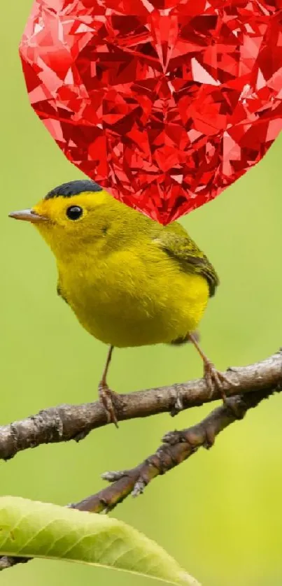 Yellow bird on branch with red heart, green background.