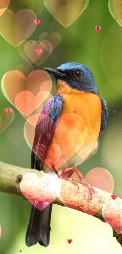 Vibrant bird with heart overlays on branch.