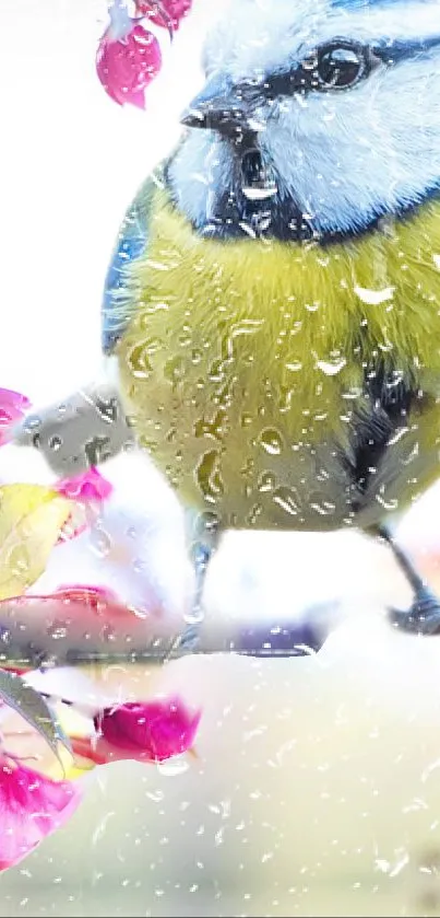 Blue and yellow bird with raindrops on pink blossoms.