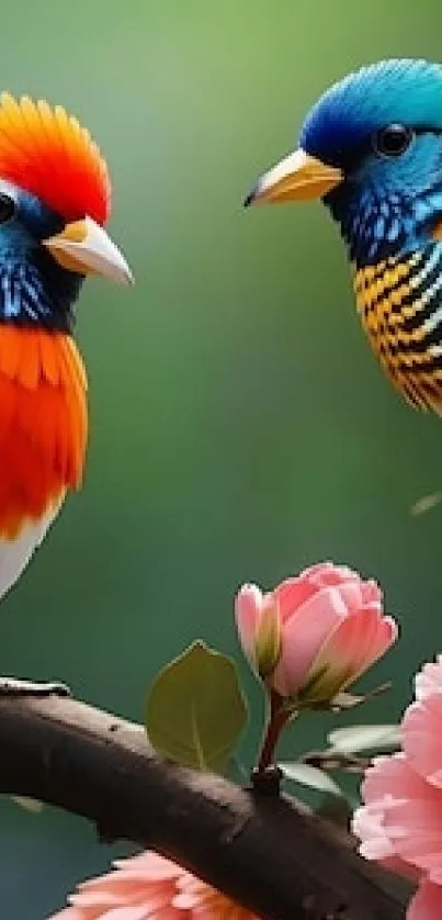 Colorful birds with pink blossoms in green setting.