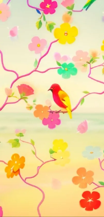 Colorful birds perched on bright blossoms with a serene background.