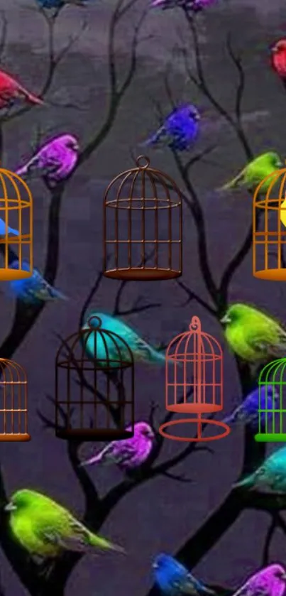 Vibrant mobile wallpaper with colorful birds and cages on a dark tree backdrop.