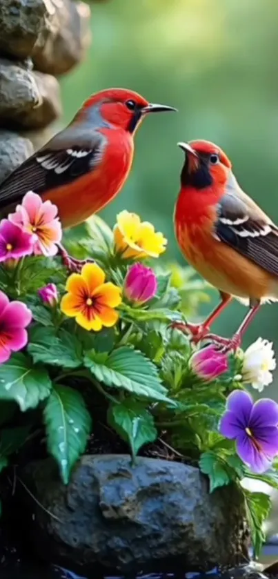 Two colorful birds among vibrant flowers