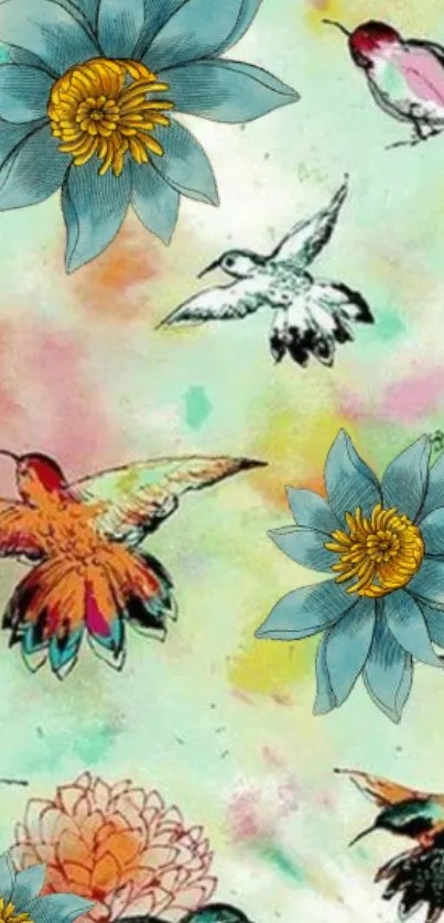 Vibrant watercolor wallpaper with flowers and hummingbirds.