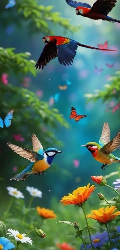 Colorful birds and butterflies in a vibrant garden scene.