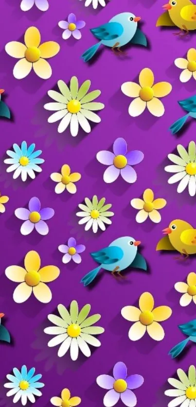 Colorful birds and flowers on a purple wallpaper background.