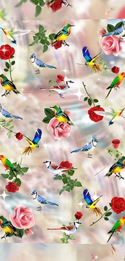 Wallpaper of colorful birds and roses with a blush backdrop.