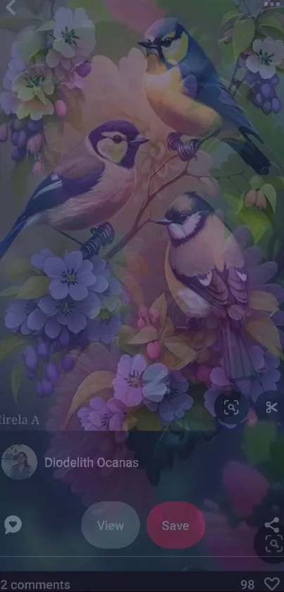 Colorful birds among flowers mobile wallpaper.