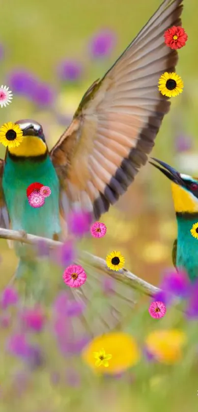 Two colorful birds among vibrant flowers.