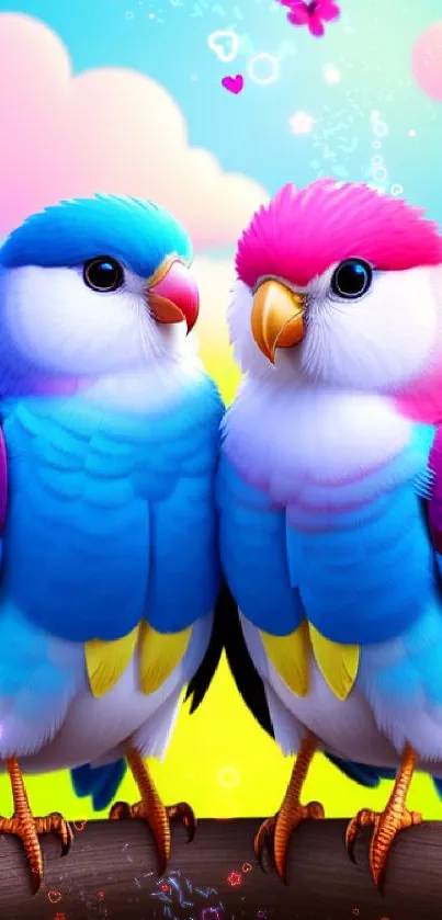 Vibrant and colorful birds on branch with pastel sky and butterflies in mobile wallpaper.