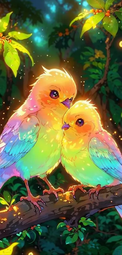 Colorful birds perched in a magical, glowing forest.