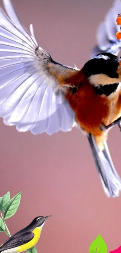 Colorful birds in flight with vivid orange backdrop.