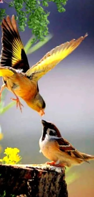 Two colorful birds in mid-flight over flowers and a tree stump.