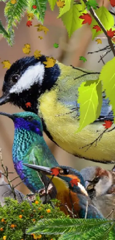 Close-up of colorful birds on leafy branches in natural setting.