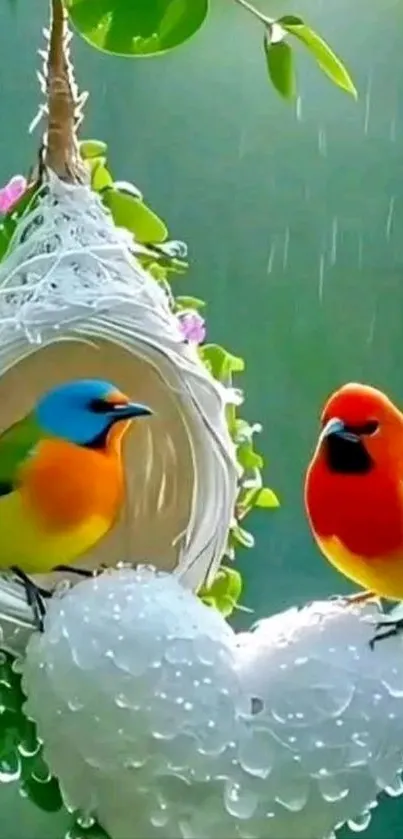 Two colorful birds on heart-shaped branch with raindrops.