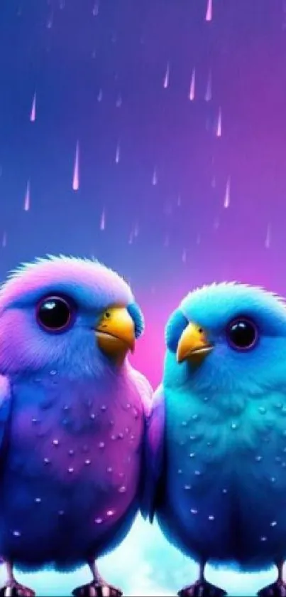 Two colorful birds under rain in a vibrant, dreamy background.