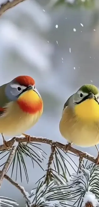 Colorful birds perched on snowy branches in winter.