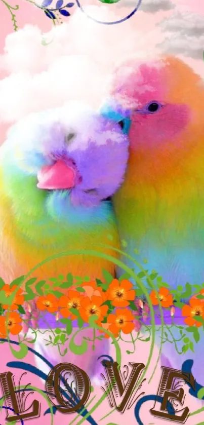 Colorful lovebirds with flowers on pink background.