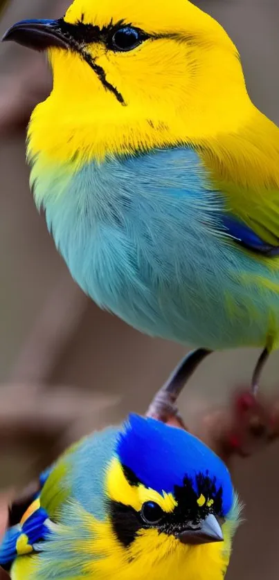 Colorful yellow and blue birds perched on a branch, perfect for nature wallpaper.