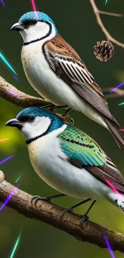 Two colorful birds sit on a branch with neon accents.