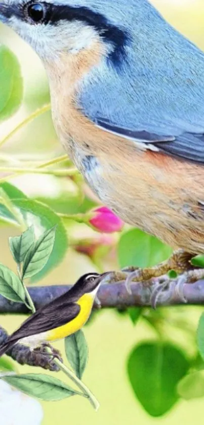 Colorful birds perched on a green branch, exuding natural beauty.