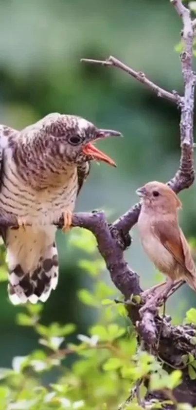 Two colorful birds perched on a branch amidst lush greenery.