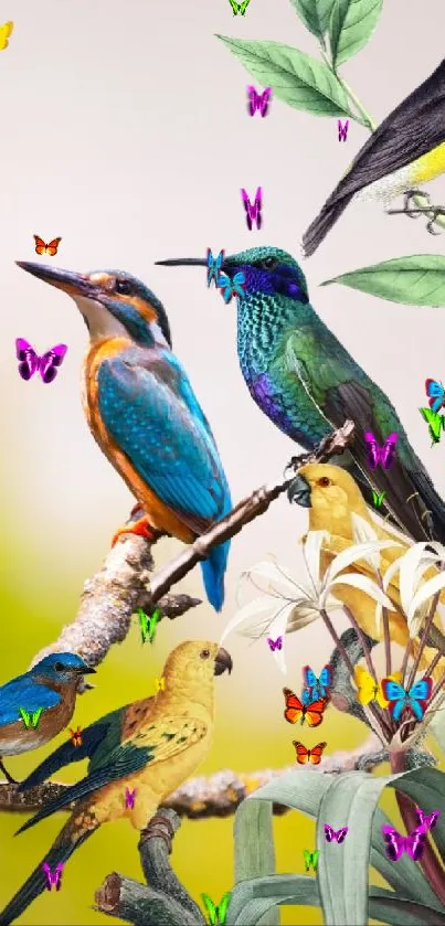 Vibrant birds perched on a branch in lush greenery.