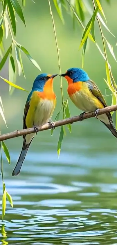 Two colorful birds perched on a branch over water.