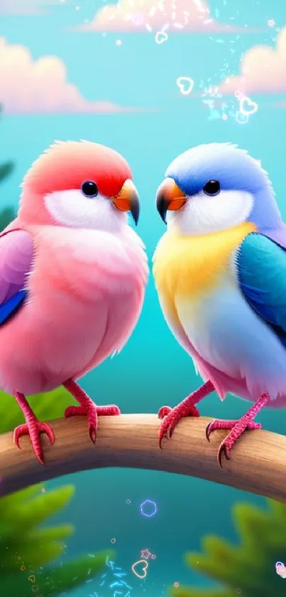 Two colorful birds perched on a branch against a dreamy sky backdrop.