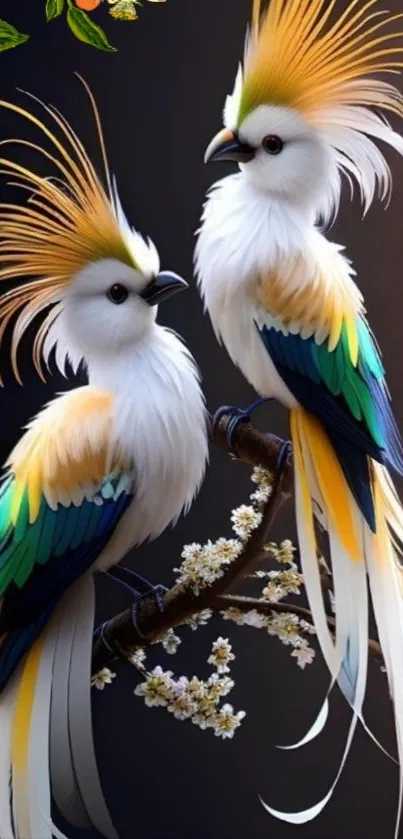 Colorful birds perched on a blossoming branch.