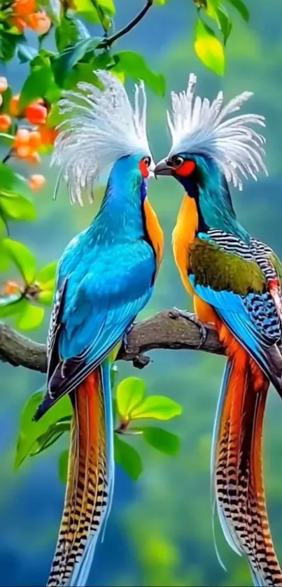 Two colorful birds perched on a tree branch.