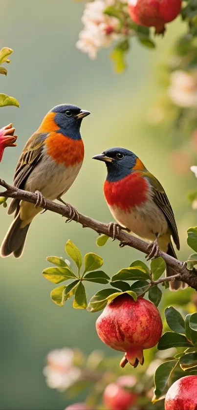 Two colorful birds on flowering branch with pomegranates