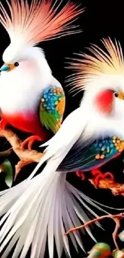 Two colorful birds with spiky crests perched on a branch.