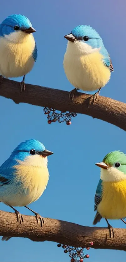 Four colorful birds perched on branches with a bright blue sky background.