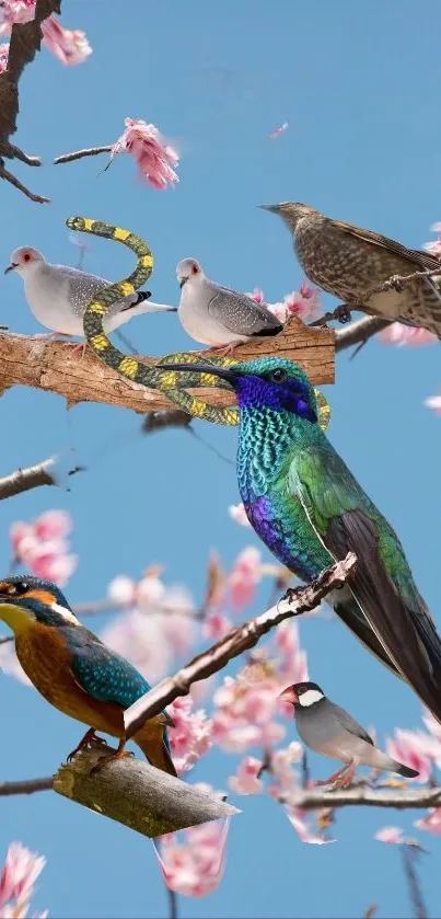 Hummingbird and other birds on cherry blossom branches in vibrant blue sky.
