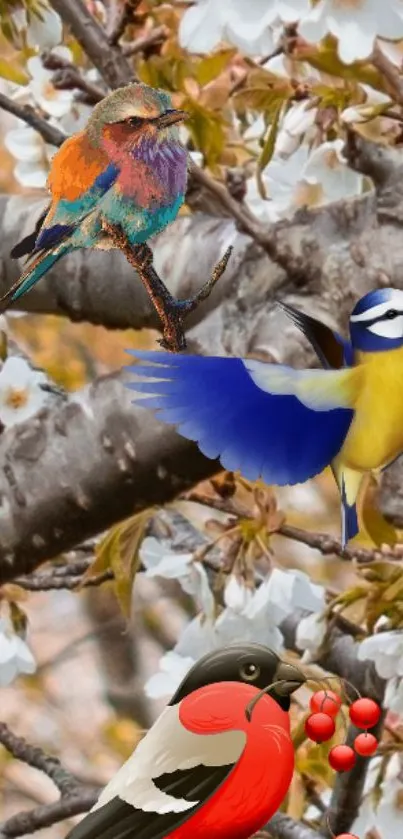 Colorful birds perched on a cherry blossom branch with blooming flowers.