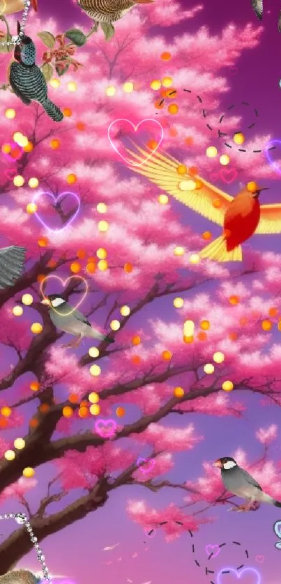 Illustrated birds and cherry blossoms on a radiant purple sky wallpaper.