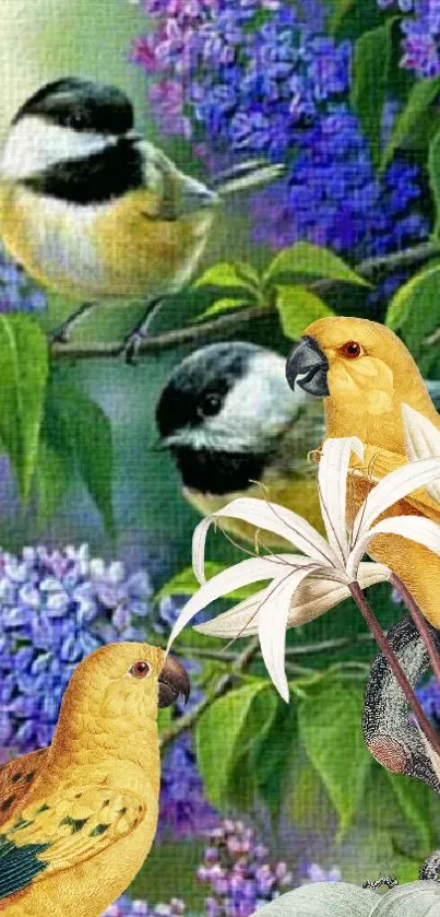 Colorful birds perched among vivid flowers and leafy branches.