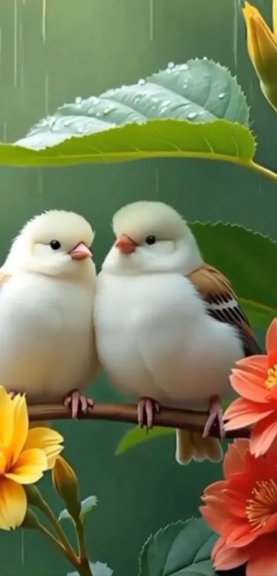 Two birds on a flowered branch with green leaves and colorful blooms.