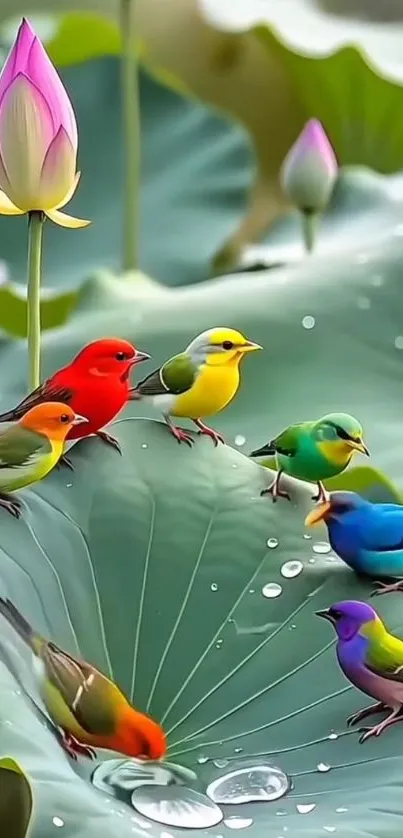 Colorful birds sitting on a lotus leaf with water droplets.