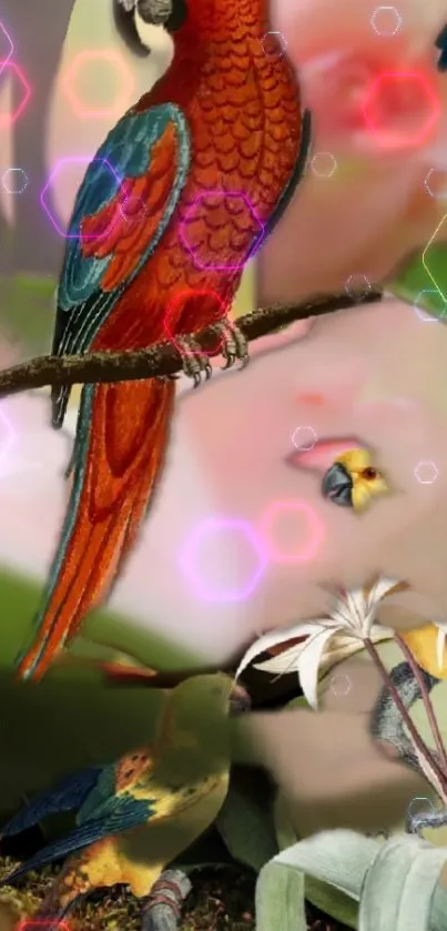 Colorful birds perched on pink roses.