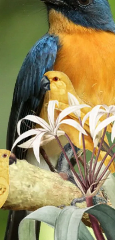 Colorful birds perched amidst green foliage and flowers.